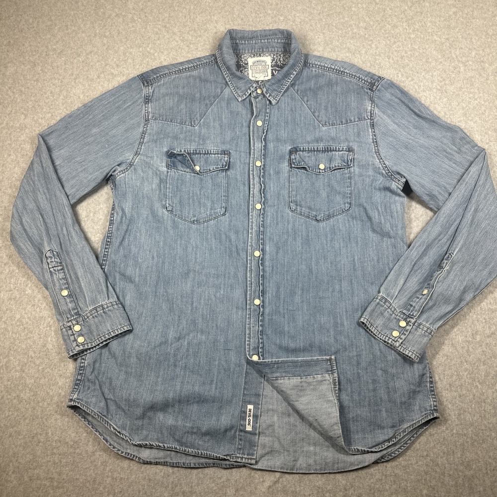 Devil-Dog Dungarees Pearl Snap Denim Shirt Men's Blue Cotton Pocket Long Sleeve